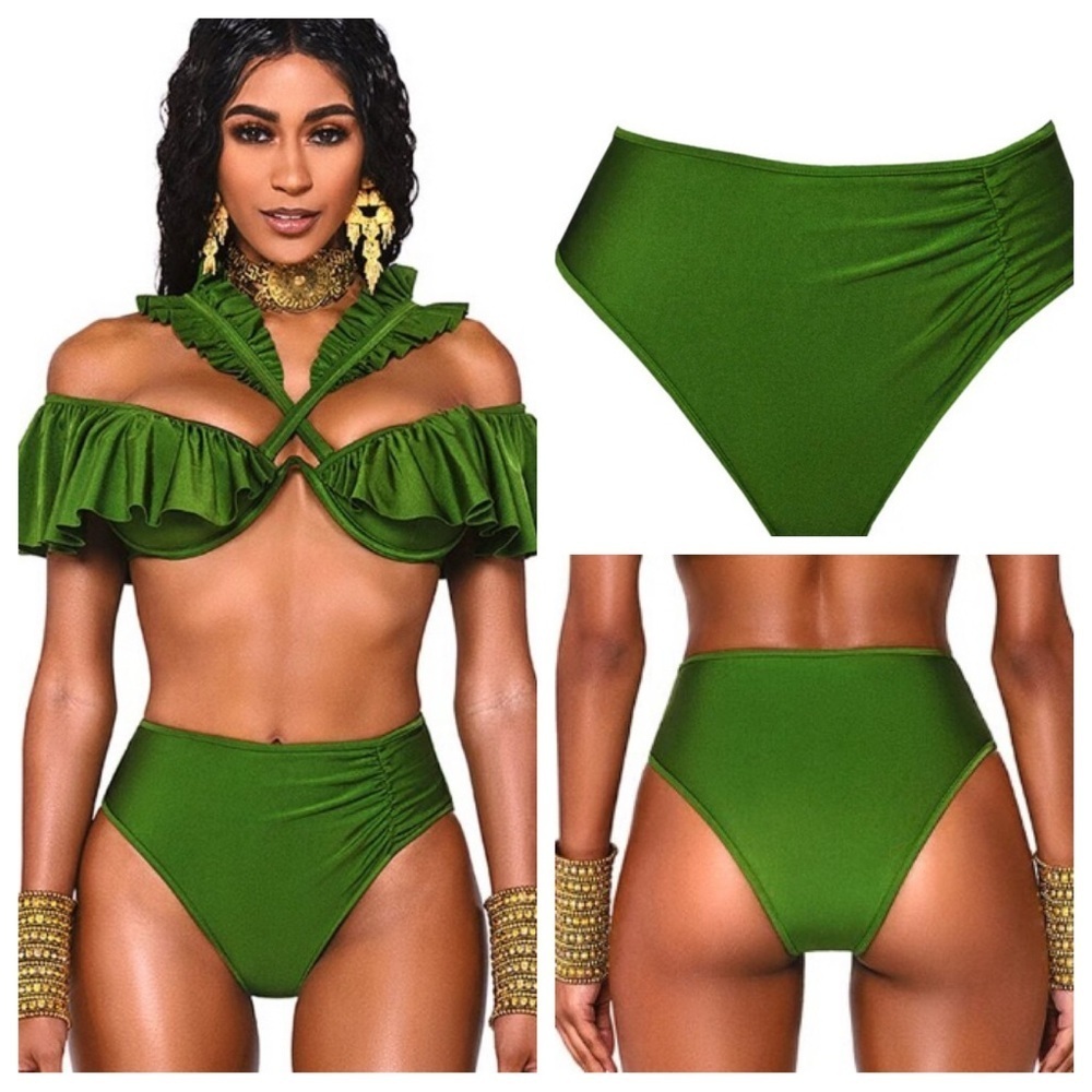 New! BFyne Kelcie Green High-Waisted Ruched Bikini Bottom 10611